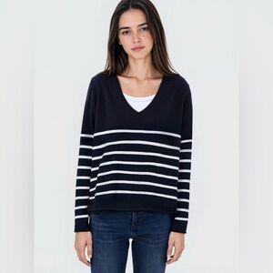 Navy and White Striped V-Neck Sweater